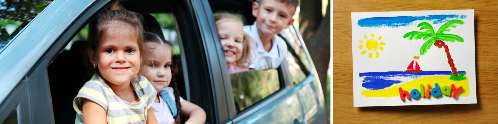 Kinder in einem Auto und ein gemaltes Bild, von einem Kind, das einen Urlaub darstellt