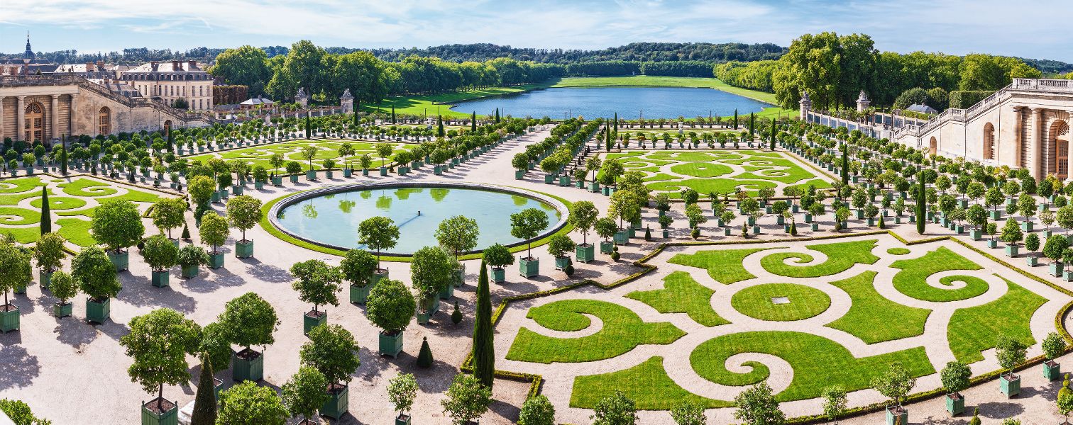 L'Orangerie garden and pond in Versailles palace in Paris, France