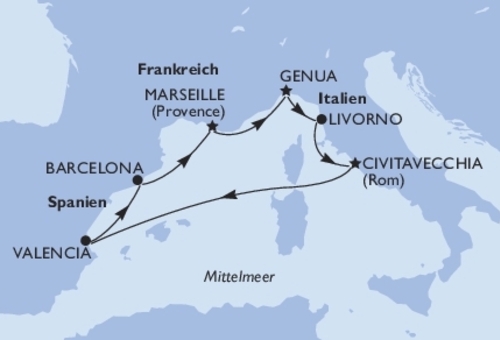 Routenkarte MSC Mittelmeer ab/bis Genua