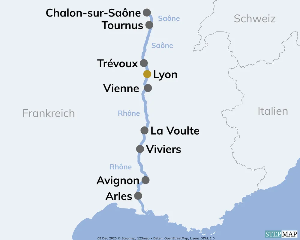 Routenkarte Rhone Saone MS ANNABELLE