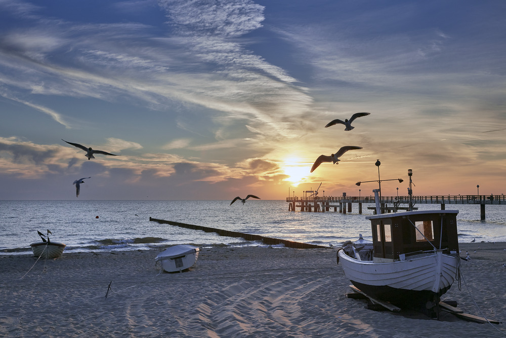 Boote am Strand bei Sonnenuntergang mit Möwen